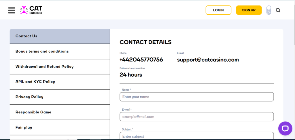 Cat Casino Contact page