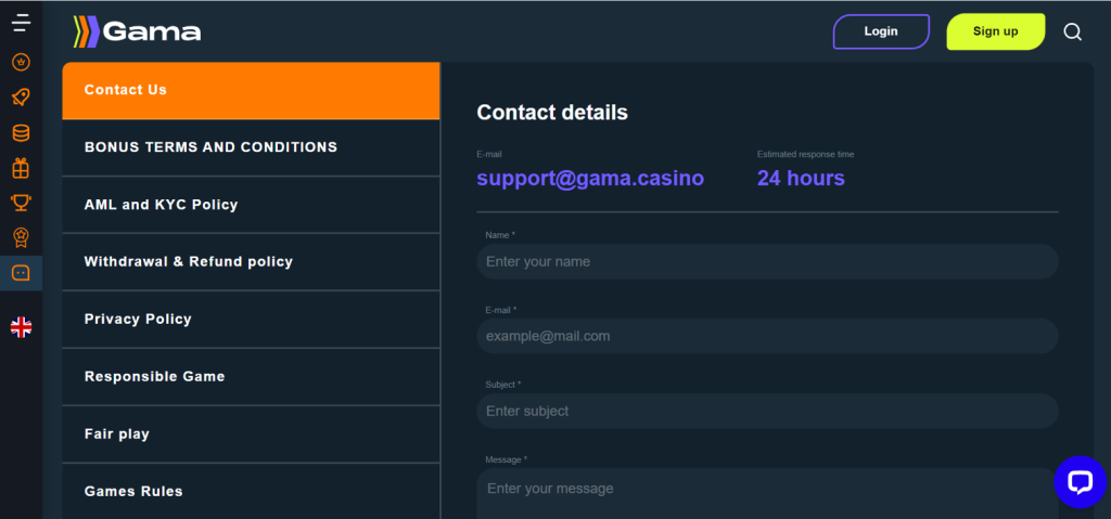 gama casino contact form