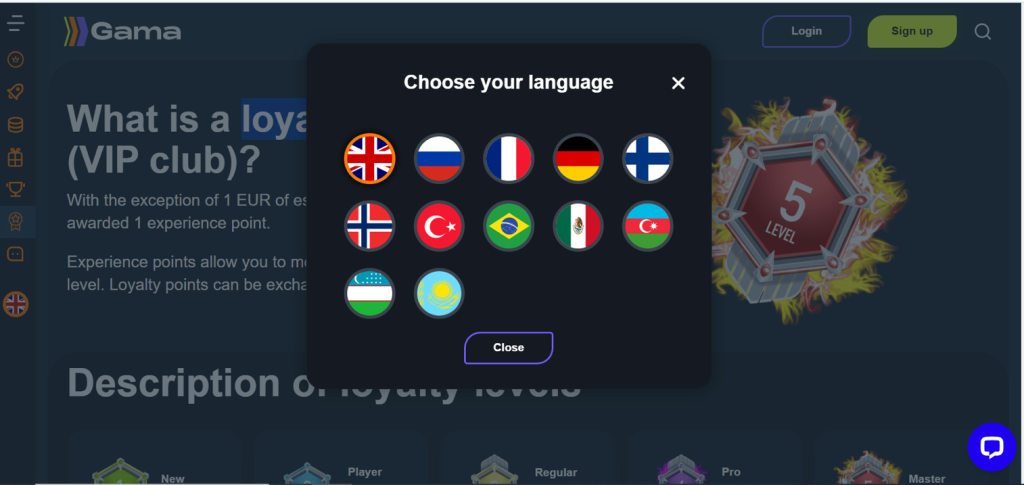 gama casino languages